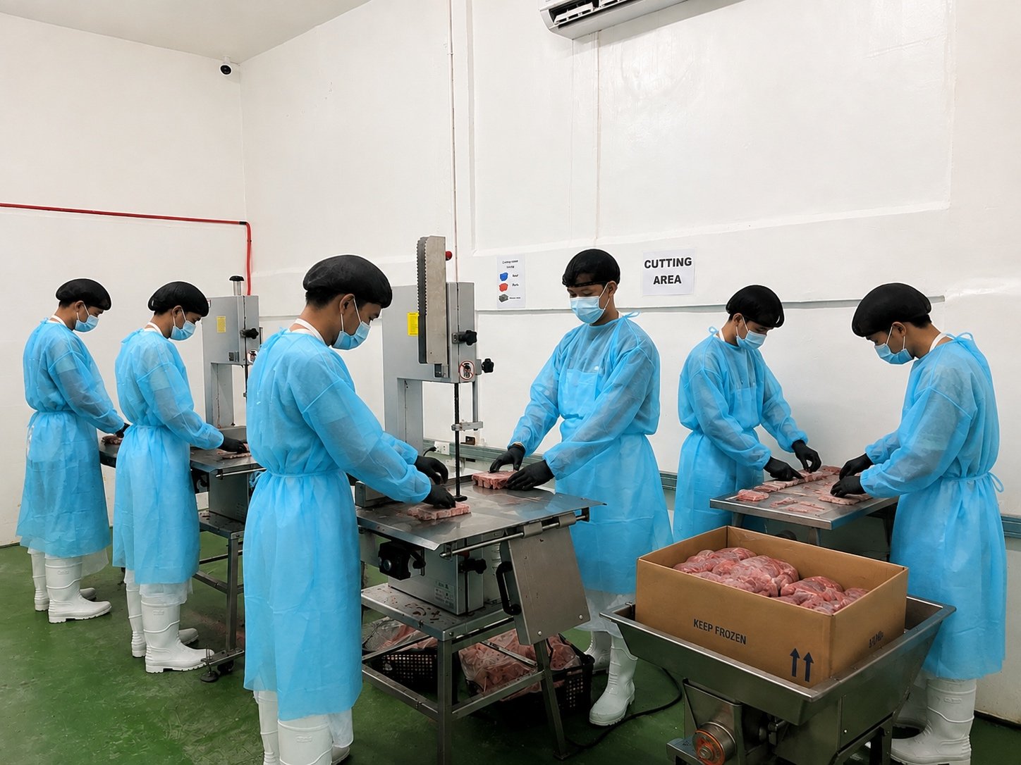 Line of NE Meats butchers cutting and portioning meat